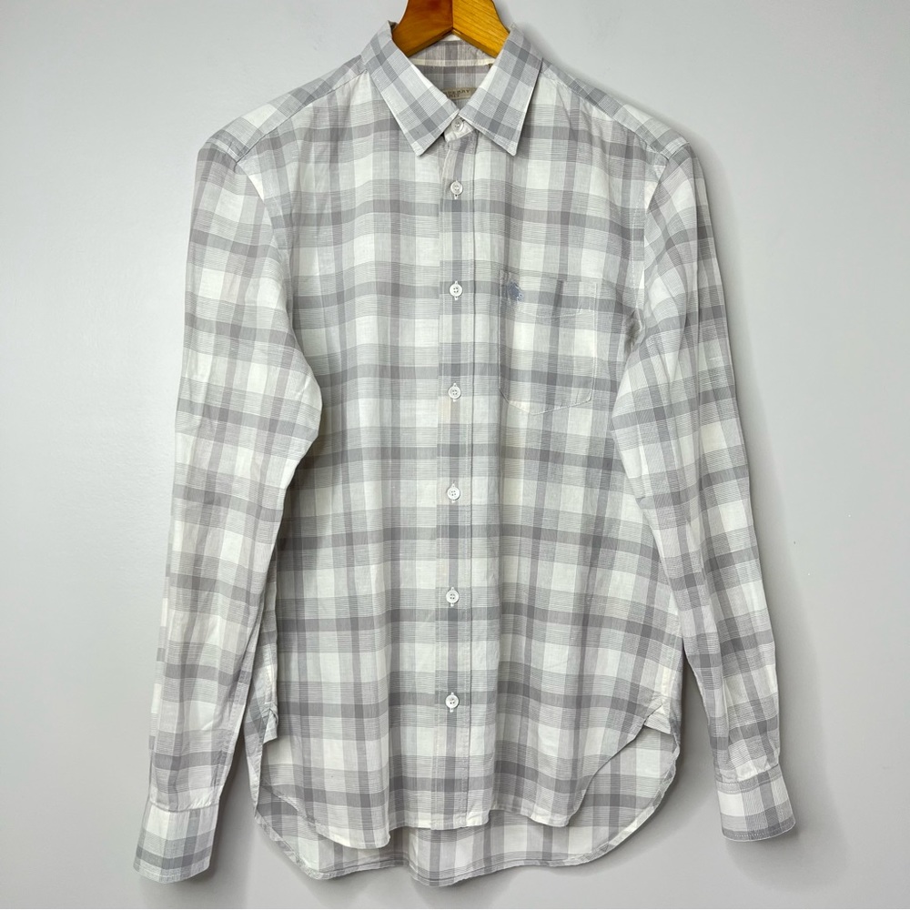 Burberry Brit Nova Check Checkered Flannel Pattern Button Down Shirt Gray White